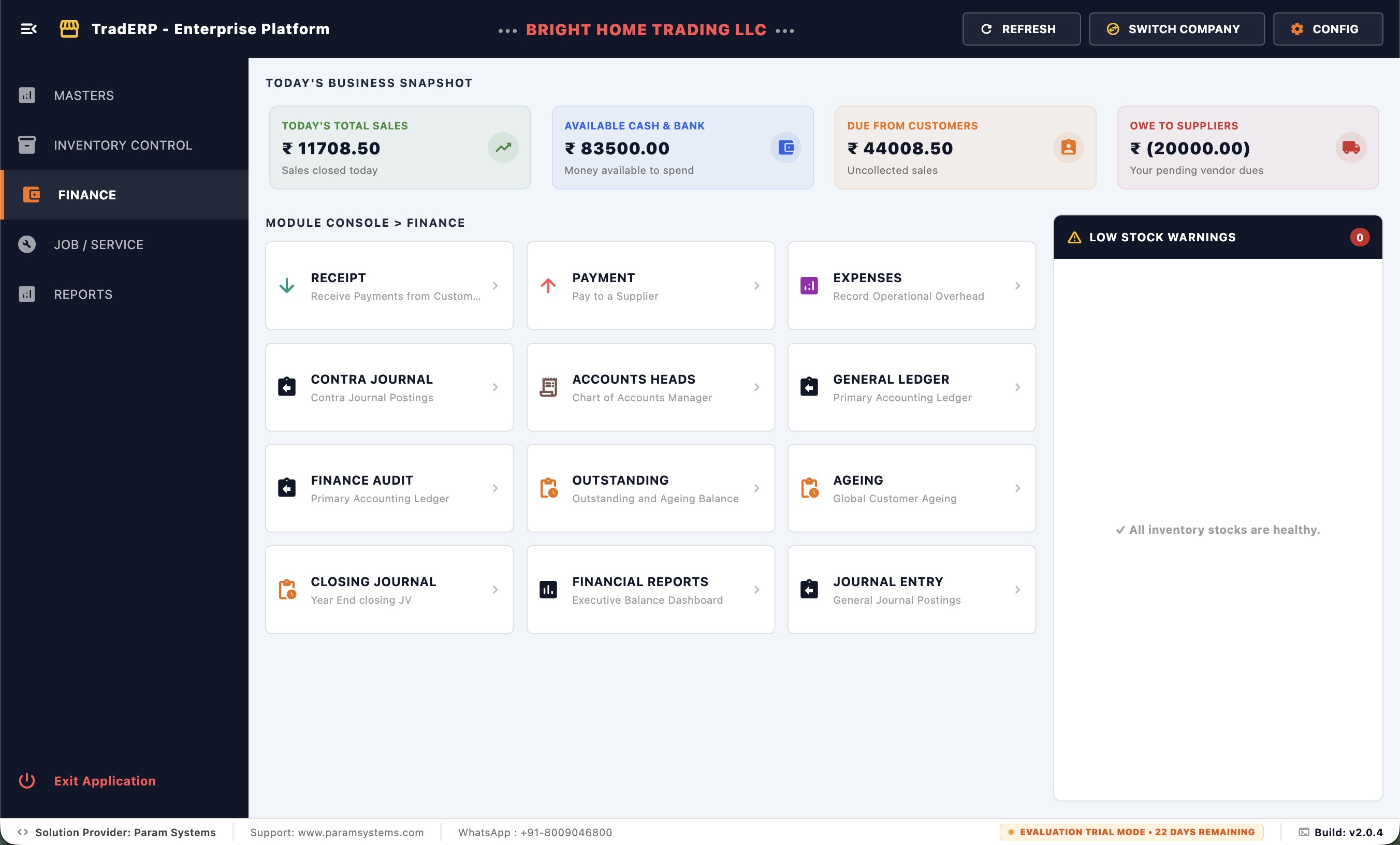 TradERP business dashboard showing sales, finance and business information