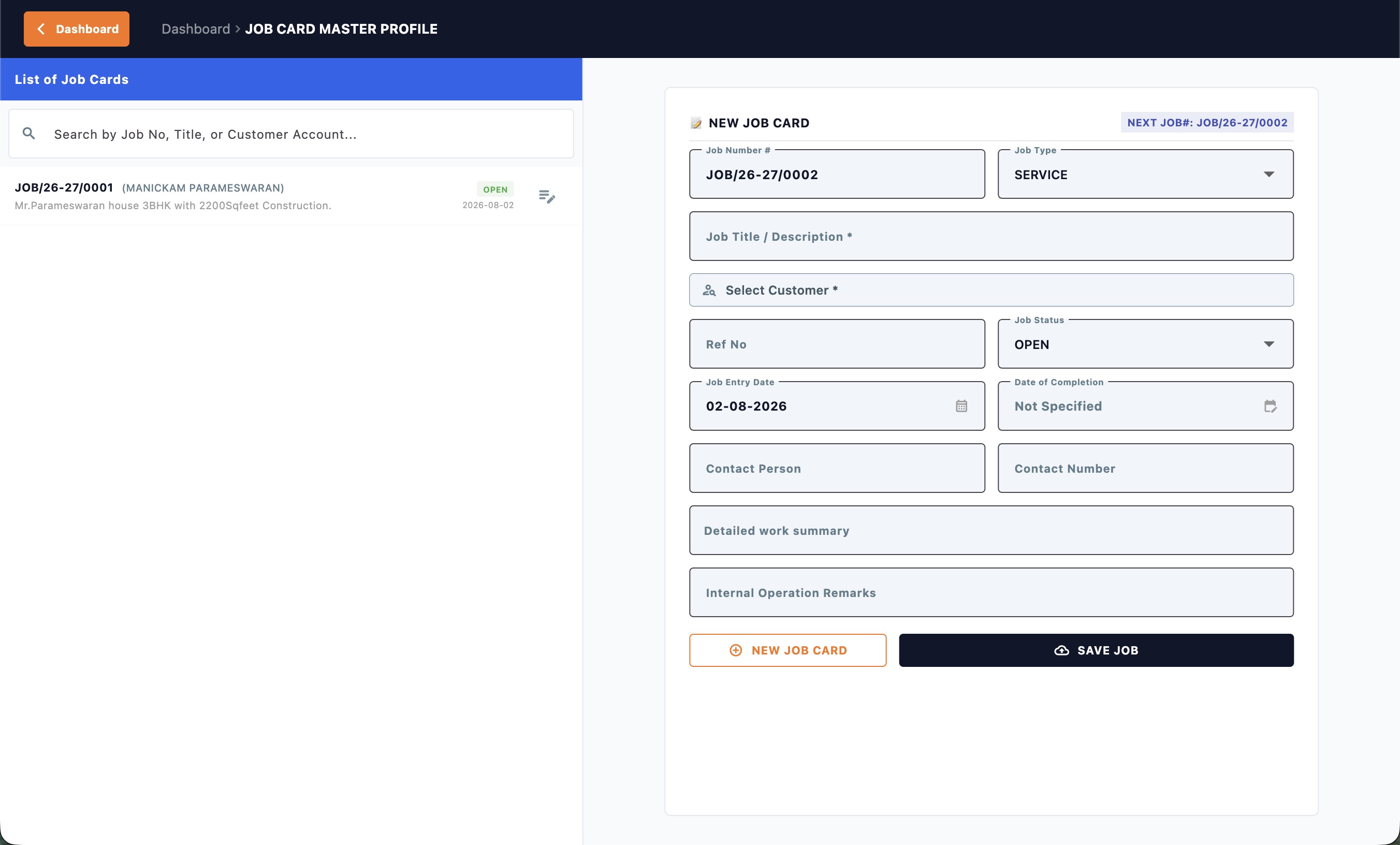 TradERP job card and job costing screen